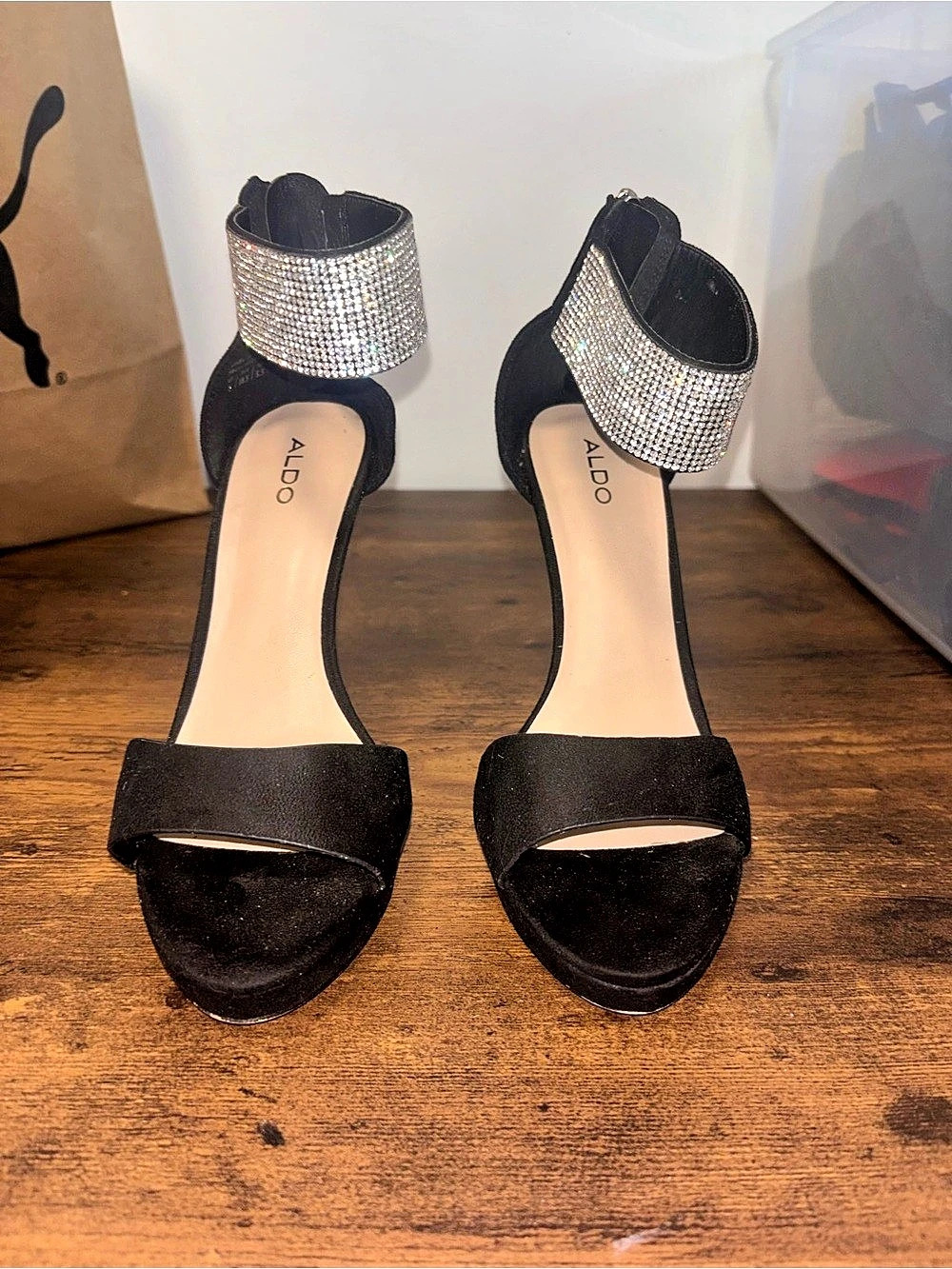 ALDO Rhinestone Ankle Strap Heels in Black & Silver Like New